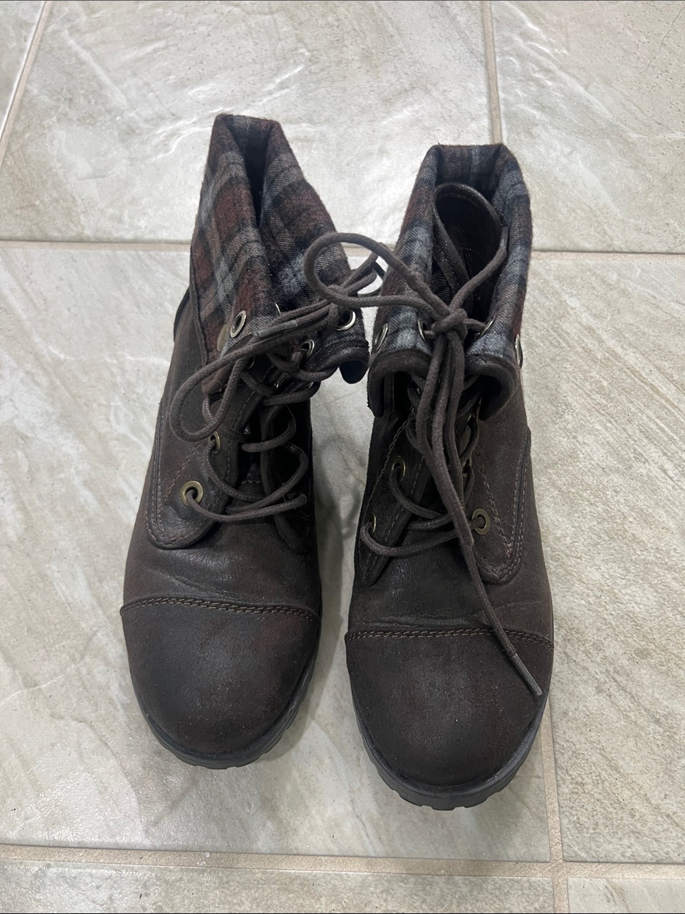 Self Esteem Dark Brown Lace-Up Ankle Boots with Plaid Cuff
